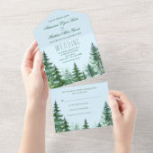 Blaue grüne Tannenbaume in einer Hochzeit All In One Einladung (Abreißtisch)