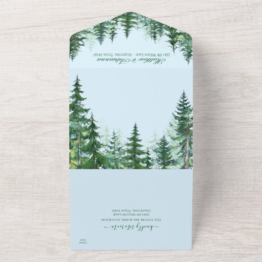 Blaue grüne Tannenbaume in einer Hochzeit All In One Einladung (Außenbereich)