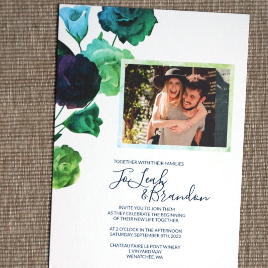 Blaue, grüne, türkisfarbene botanische Rose Hochze Einladung