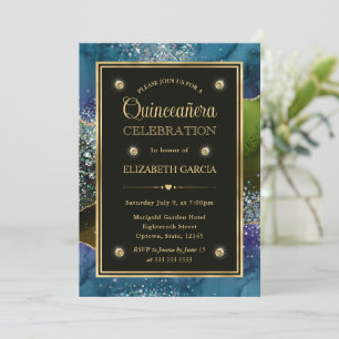Blaue, Grüne und Goldene Glitter-Achat-Quinceanera Einladung