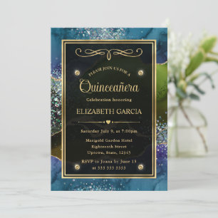 Blaue, Grüne und Goldene Glitter-Achat-Quinceanera Einladung