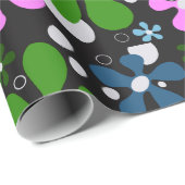 Blaue, grüne und rosafarbene funkige Blume Geschenkpapier (Rolleneckpunkt)