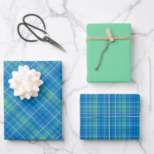 Blaue, grüne und weiße Karos Geschenkpapier Set