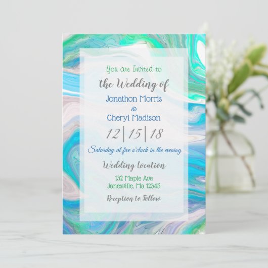 Blaue, grüne und weiße Marmorfliesen Hochzeit Einladung (Stehend Vorderseite)