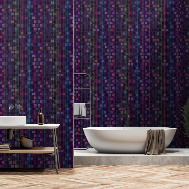 Blaue, grüne, violette, rosa Quadrate mit Streifen Tapete (Badezimmer)