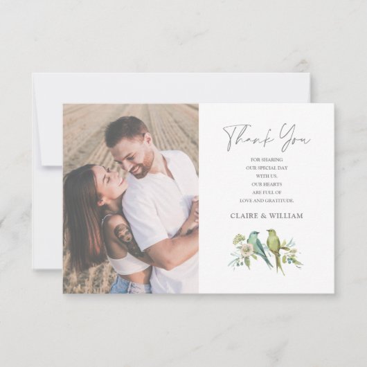 Blaue Grüne Vögel Blumenwasser Hochzeit Dankeskarte (Vorderseite)