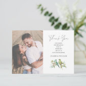 Blaue Grüne Vögel Blumenwasser Hochzeit Dankeskarte (Stehend Vorderseite)