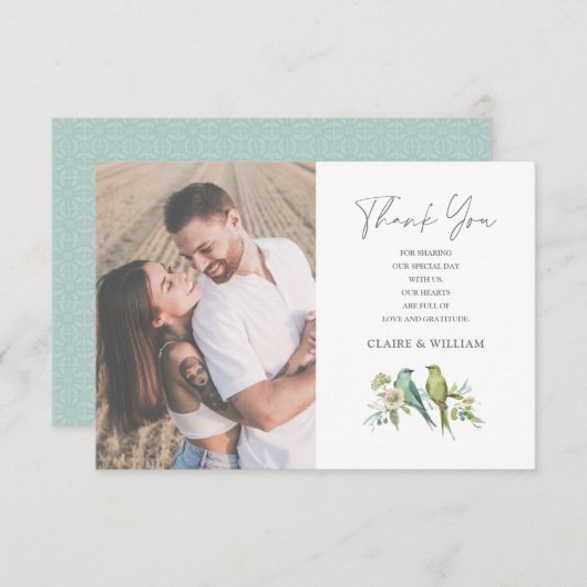 Blaue Grüne Vögel Blumenwasser Hochzeit Dankeskarte (Vorne/Hinten)