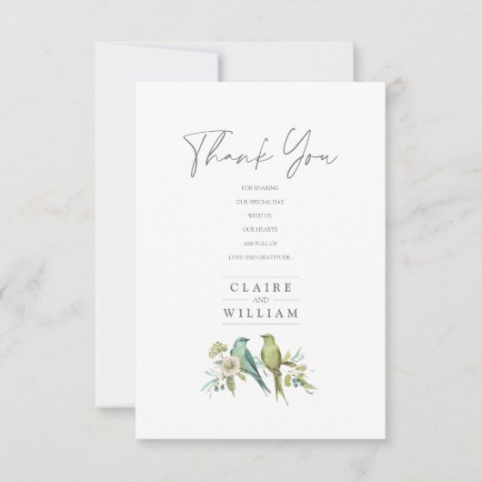 Blaue Grüne Vogelwelt Botanische Wasserfarbenhochz Dankeskarte (Vorderseite)