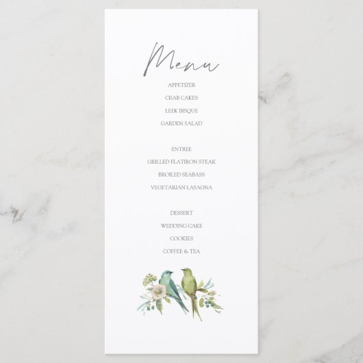 Blaue Grüne Vogelwelt Botanische Wasserfarbenhochz Menükarte (Vorderseite)