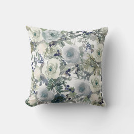 Blaue Grüne Weiße Aquarell-Blumen Blumen Kissen