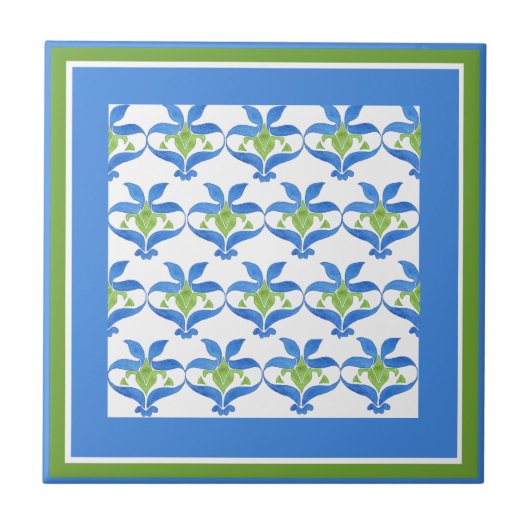 Blaue, grüne Weiße Jugendstil-Muster Tile Fliese (Vorderseite)