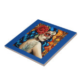 Blaue Haare Catrina Frau mit roter Rose Folk Art Fliese (Seite)