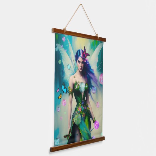 Blaue Haare - Portrait in grünem Kleid Wandteppich Mit Holzrahmen (Gewinkelt)