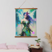 Blaue Haare - Portrait in grünem Kleid Wandteppich Mit Holzrahmen (Schlafzimmer)