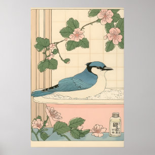 Blaue Häher in der Badewanne Druck japanische Bade Poster