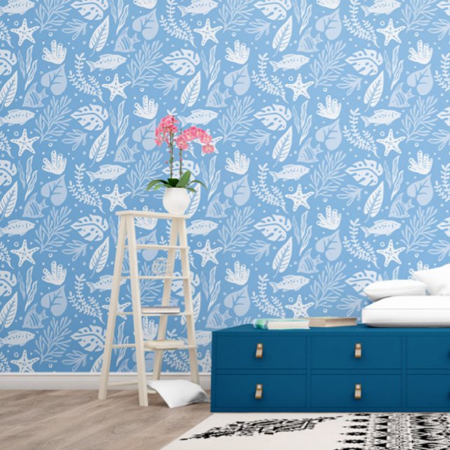 Blaue Haie Blätter Stefisch-Meeresmuster Tapete (Von Creator hochgeladen)