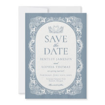 Blaue Häkelspitze Vintage-Blumen-Save-the-Date