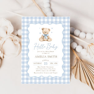 Blaue Hallo Baby Teddybär Baby Shower Einladung