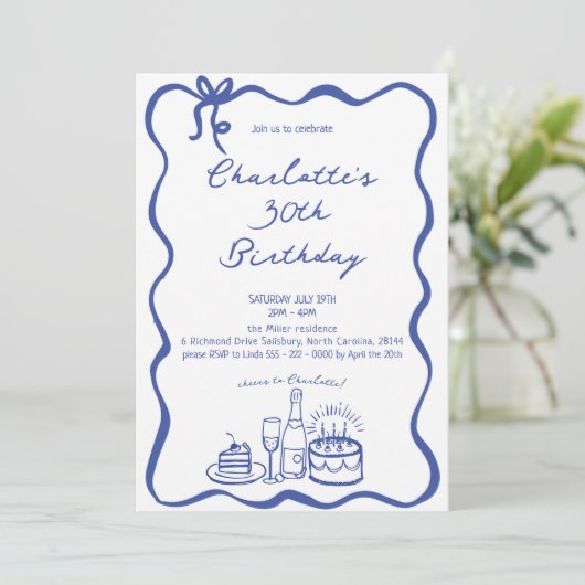 BLAUE Hand Drawn 30. Geburtstagsfeier Einladung (Stehend Vorderseite)