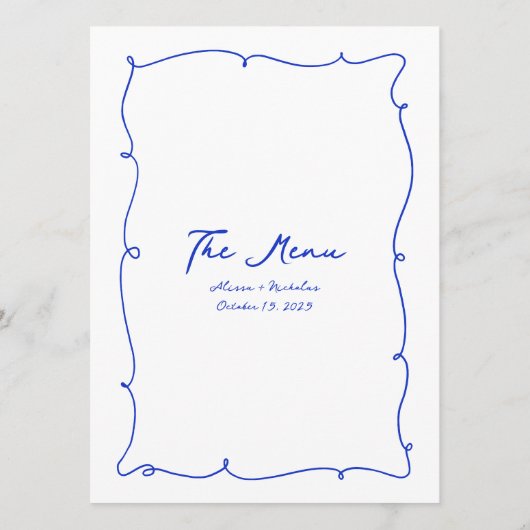Blaue Hand gezeichnete Wavy Border & Script Hochze Menükarte (Rückseite)