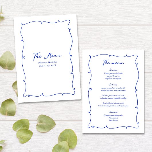 Blaue Hand gezeichnete Wavy Border & Script Hochze Menükarte