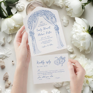 Blaue handgezeichnete florale Arkade Whimsical Hoc All In One Einladung