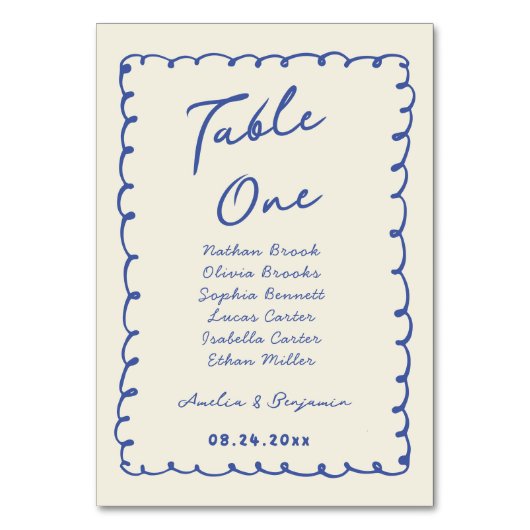 Blaue handgezeichnete Herz Whimsical Hochzeit  Tischnummer (Vorderseite)