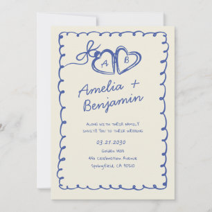 Blaue handgezeichnete Herz Whimsical Hochzeitseinl Einladung