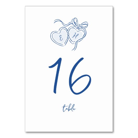 Blaue handgezeichnete Herzen Monogramm Whimsical H Tischnummer (Vorderseite)