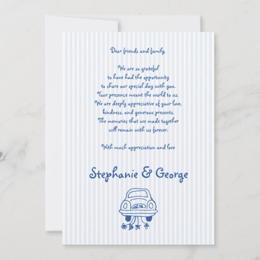 Blaue handgezeichnete kritzelige Foto-Hochzeit Dankeskarte (Rückseite)