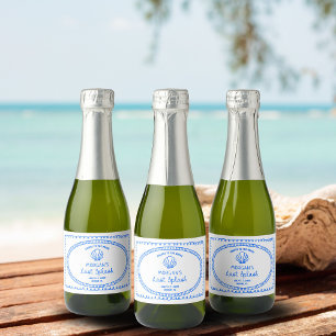 Blaue handgezeichnete letzte Spritzer Junggesellin Schaumweinetikett
