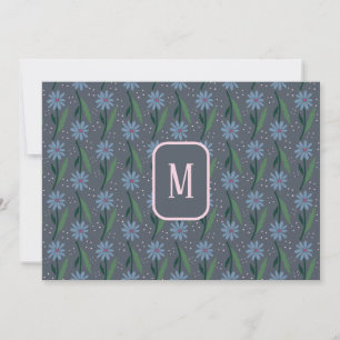Blaue handgezeichnete Retro-Daisy-Monogramm Mitteilungskarte