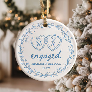 Blaue handgezeichnete Verlobung Weihnachten Keramik Ornament