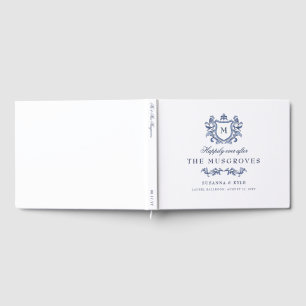 Blaue handgezeichnete Vintage-Wappen-Monogramm-Hoc Gästebuch