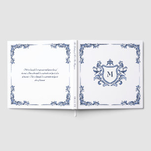 Blaue handgezeichnete Vintage-Wappen-Monogramm-Hoc Gästebuch