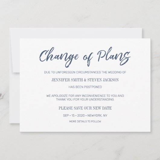 Blaue Handschrift Änderung der Pläne Ankündigung (Vorderseite)