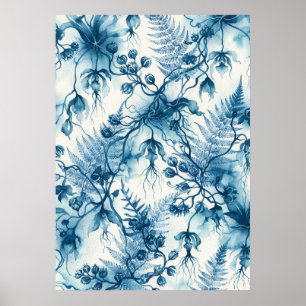 Blaue hängende Orchideen-Farn-Ranken Cyanotypie Po Poster