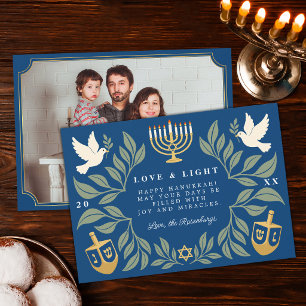 Blaue Hanukka jüdische Taube Foto Feiertagskarte