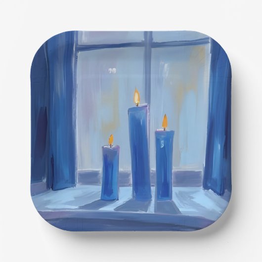 Blaue Hanukka-Kerzen Aquarell Pappteller (Vorderseite)