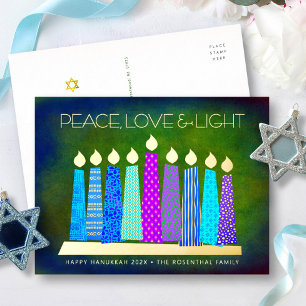Blaue Hanukkah-Kerzen Frieden Liebe Licht Echtgold Folien Feiertagspostkarte