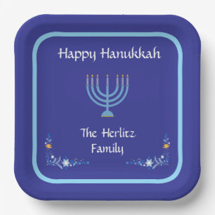 Blaue HANUKKAH-Menora Anpassen NAME Pappteller