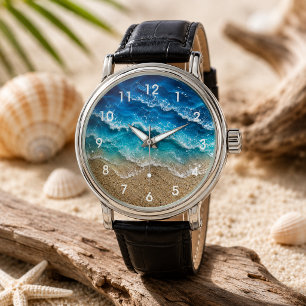 Blaue Harz-Wellen-Optik Strand Sand nummeriert Armbanduhr