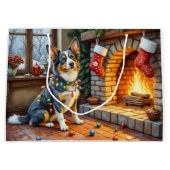 Blaue Heeler-Kamin mit Weihnachtslichtern Große Geschenktüte (Vorderseite)