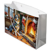 Blaue Heeler-Kamin mit Weihnachtslichtern Große Geschenktüte (Rückseite Schrägansicht)