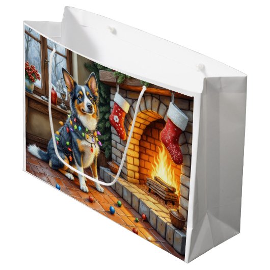 Blaue Heeler-Kamin mit Weihnachtslichtern Große Geschenktüte (Vorderseite Schrägansicht)