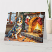 Blaue Heeler-Kamin mit Weihnachtslichtern Karte (Vorderseite)