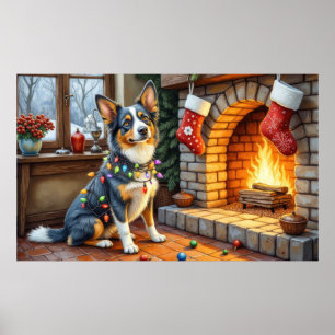 Blaue Heeler-Kamin mit Weihnachtslichtern Poster