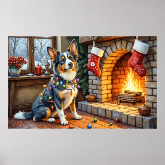 Blaue Heeler-Kamin mit Weihnachtslichtern Poster (Vorne)