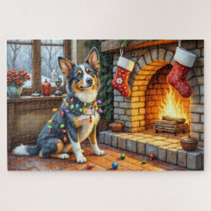 Blaue Heeler-Kamin mit Weihnachtslichtern Puzzle